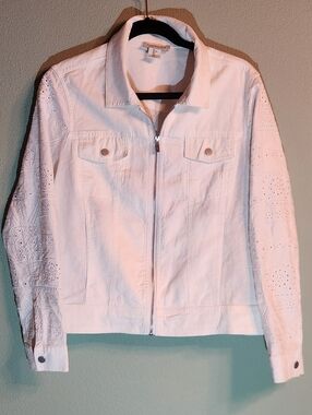 Rachel Zoe White Linen Eyelet Embroidered Front Zip Jacket - Size L